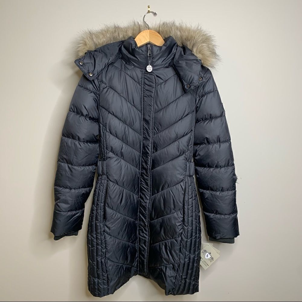 Larry Levine Faux-Fur-Trim Quilted Down Coat - M